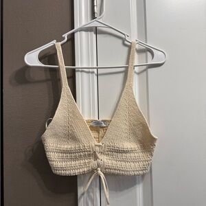 Stradivarius Cream Knit Tie-Front Cropped Top